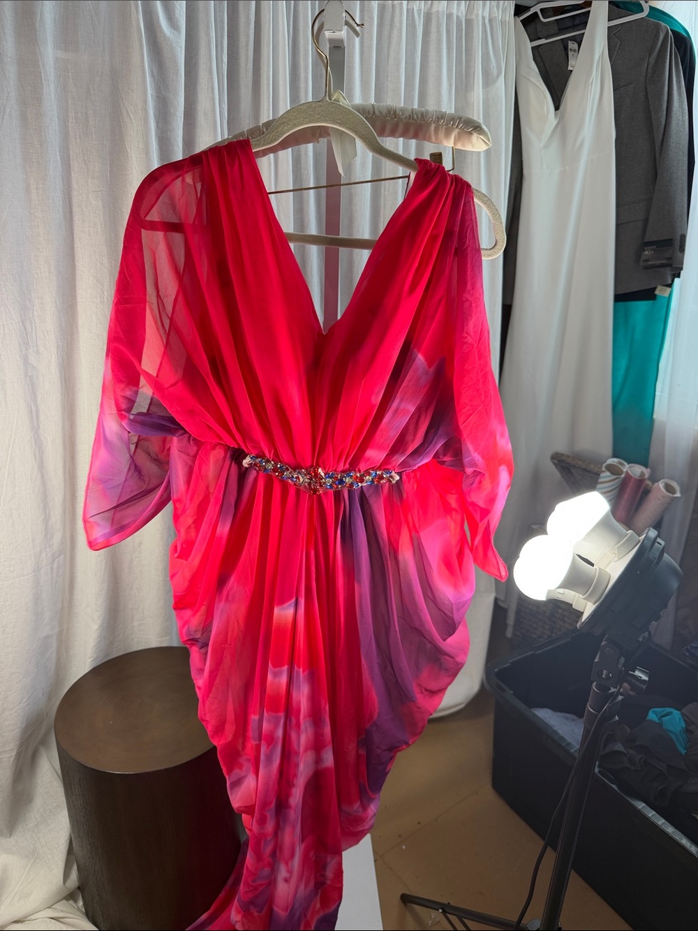 Vibrant Fuchsia & Purple Draped Evening Gown